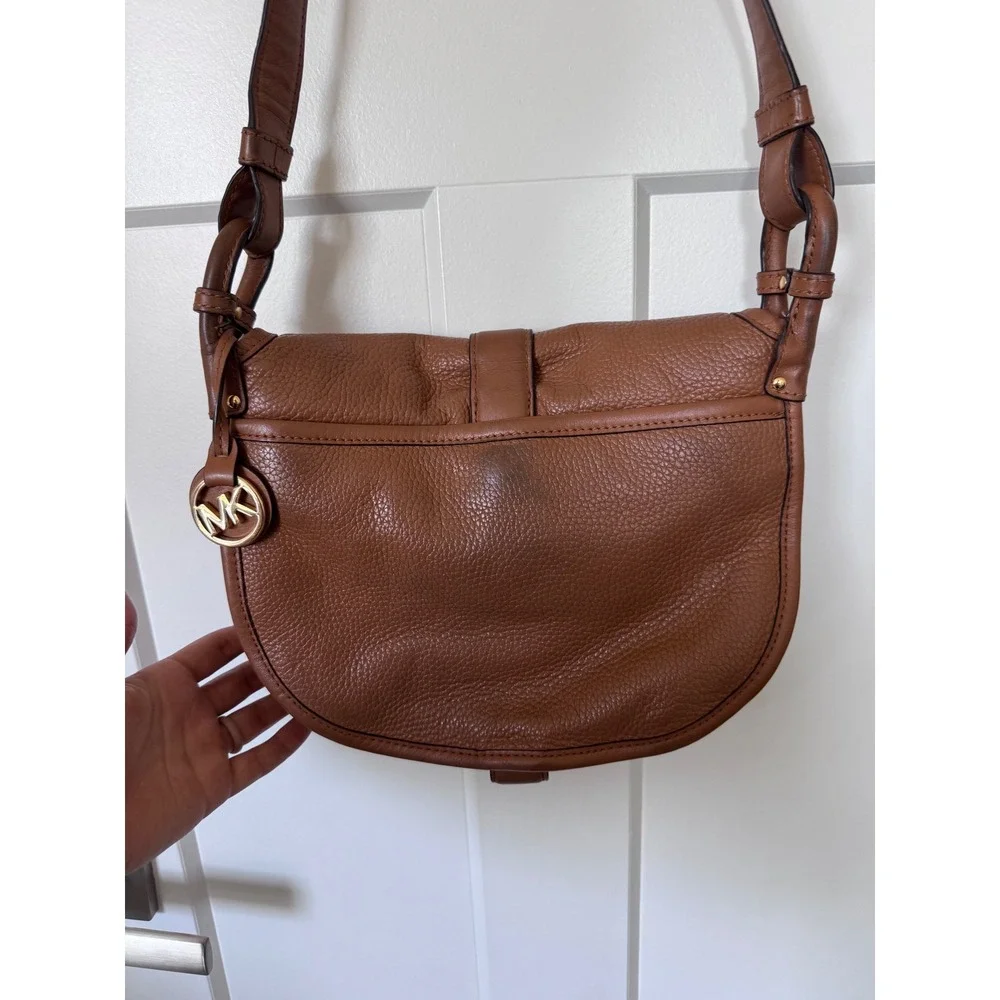 Michael Kors Brown Pebbled Leather Saddle Crossbody Bag Gold Clasp Acorn